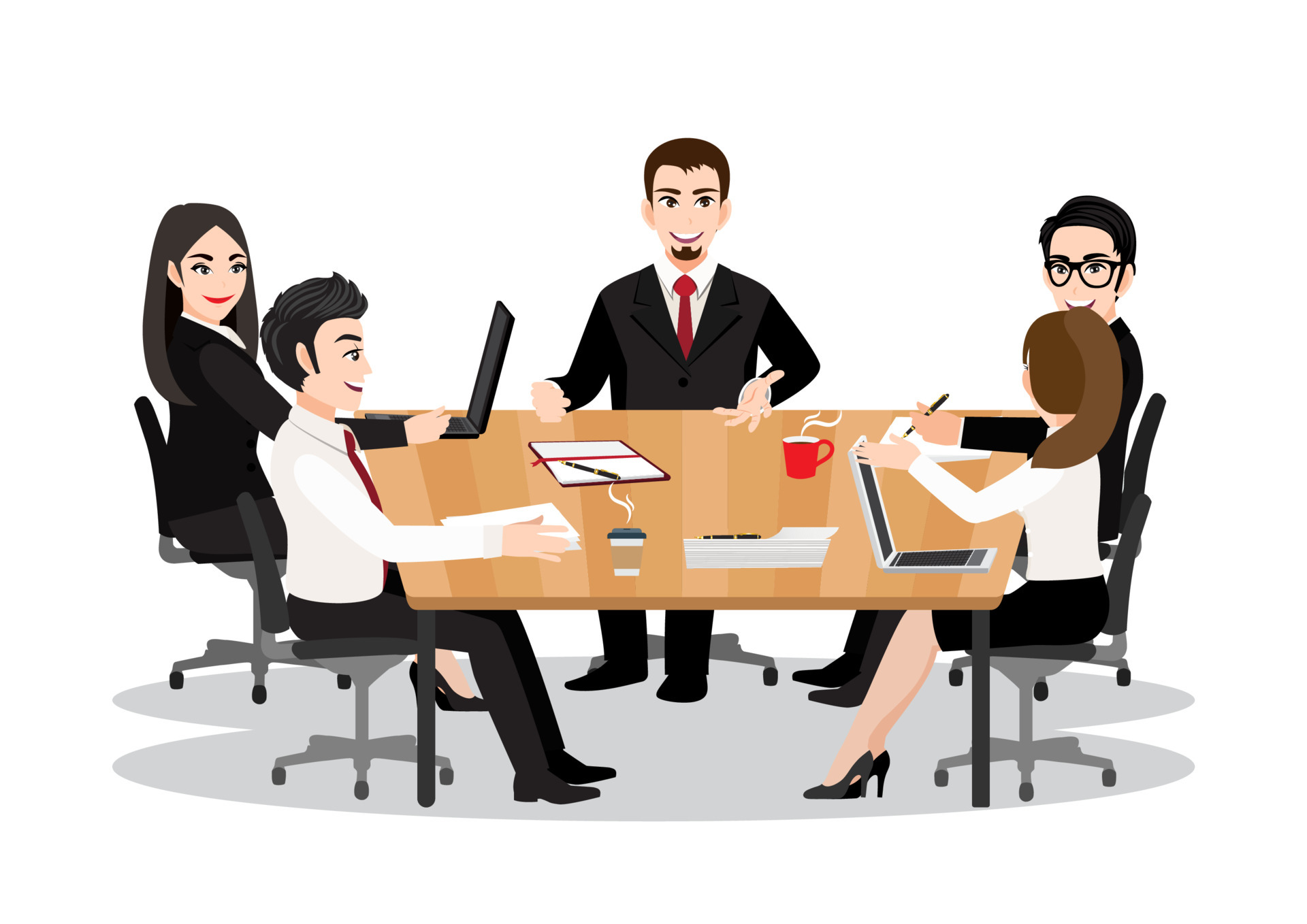 Cartoon character with business people discussing together in