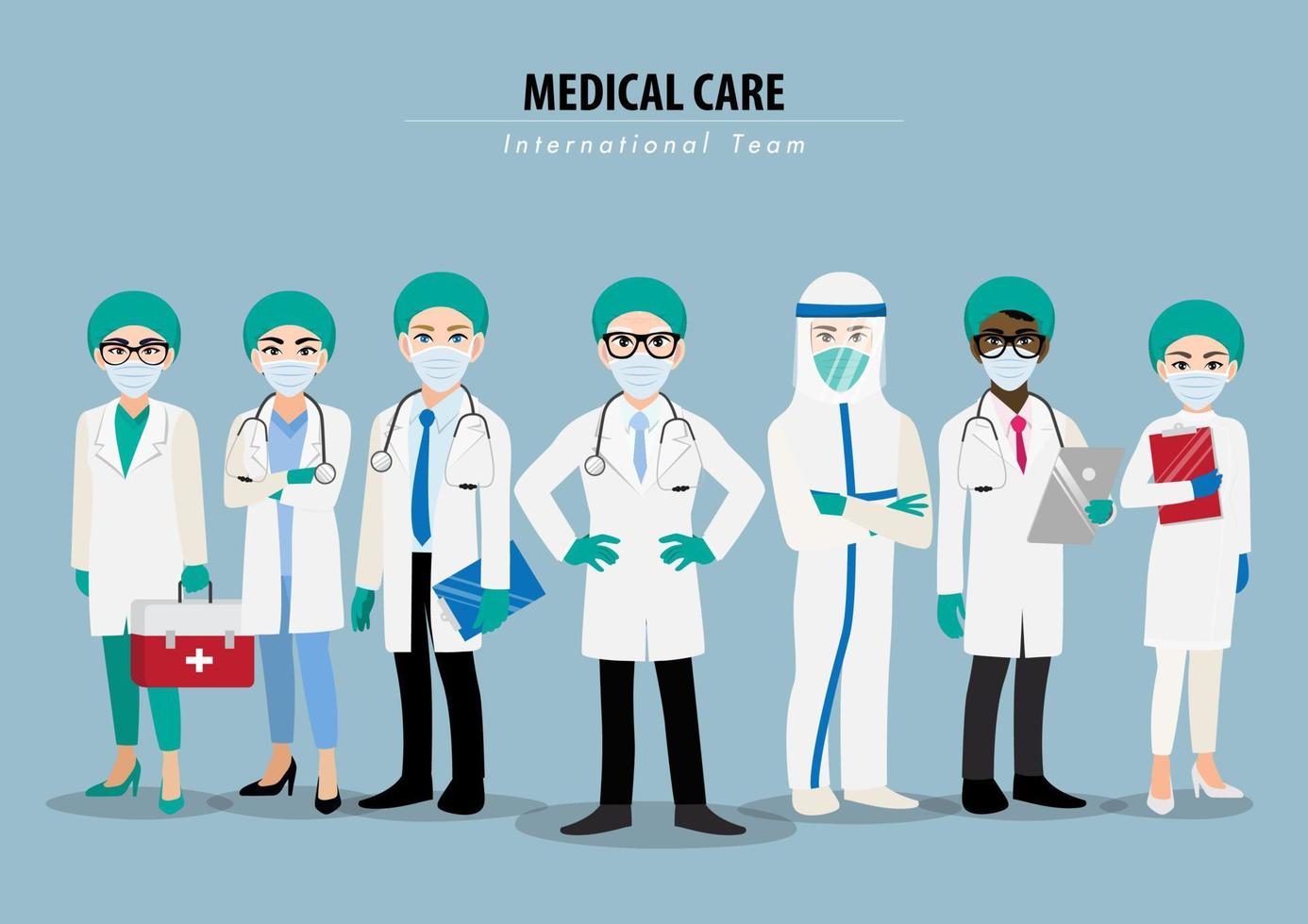 Cartoon character with professional doctors and nurses wearing protective suite and standing together to fight coronavirus flat icon design vector