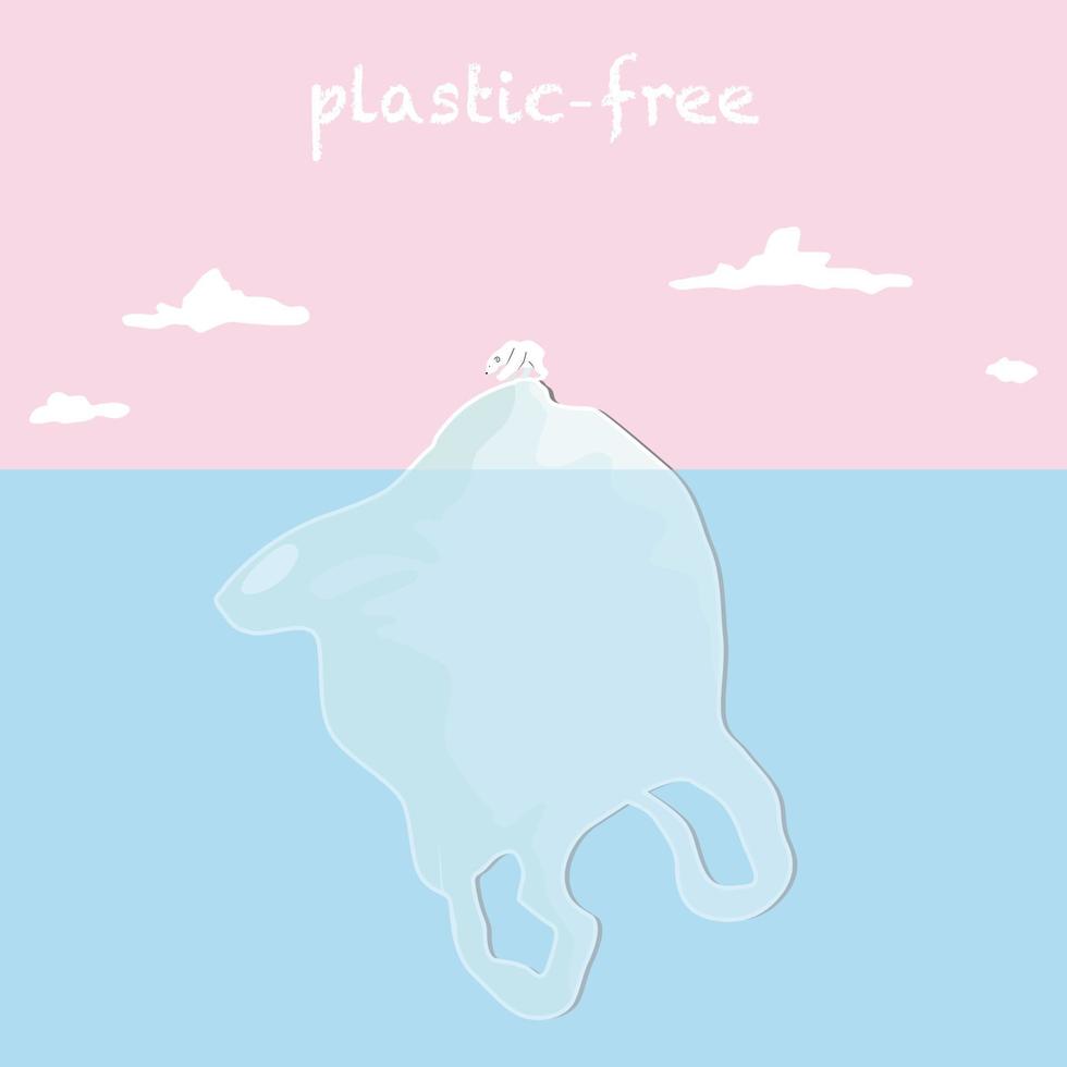 Ocean pollution vector illustration. Plastic-free with a white bear standing on a plastic bag in a blue ocean and pink sky background