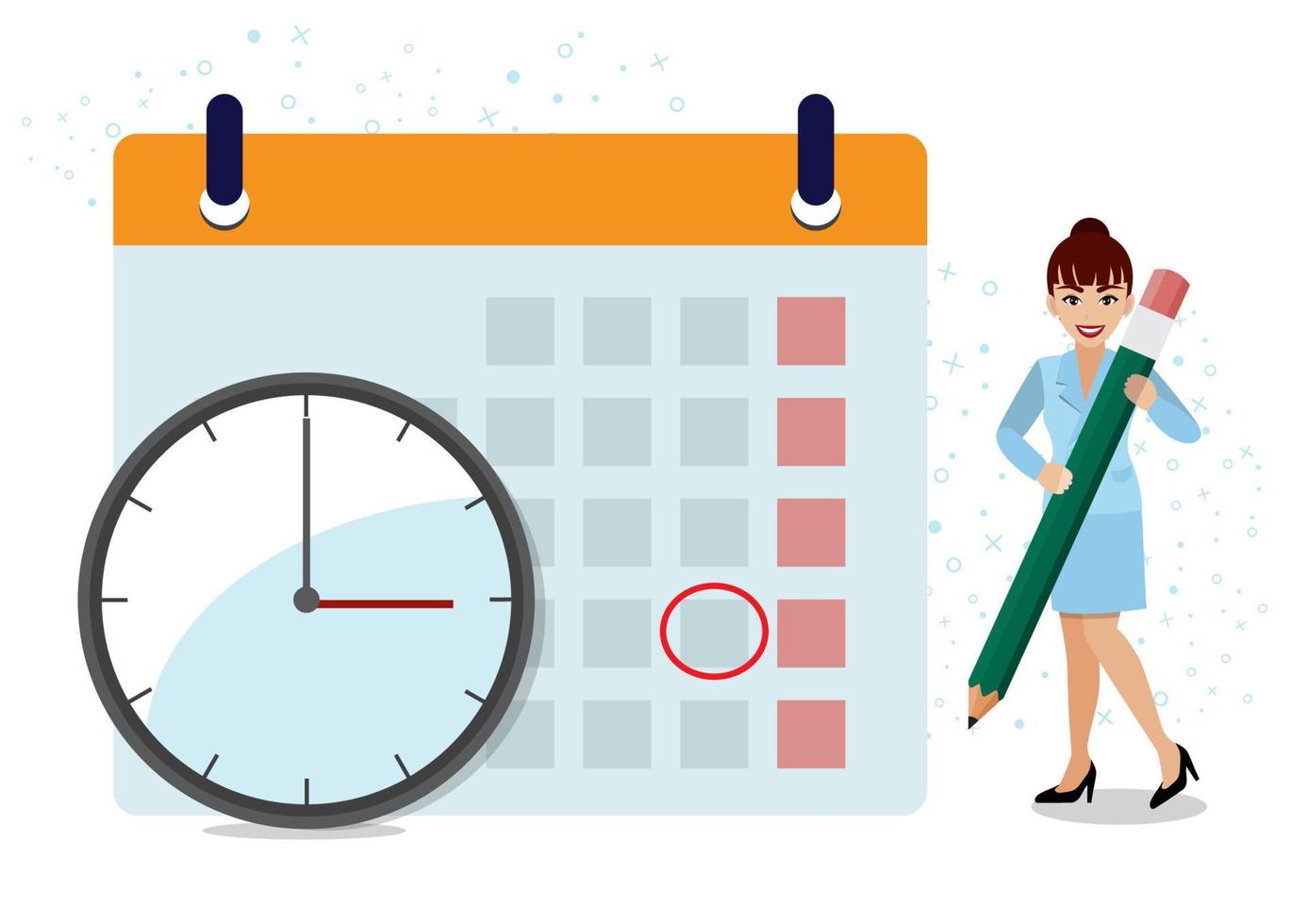 Business operations planning and scheduling concept with businesswoman writing appointment on calendar with pencil and time with clock cartoon design vector 241