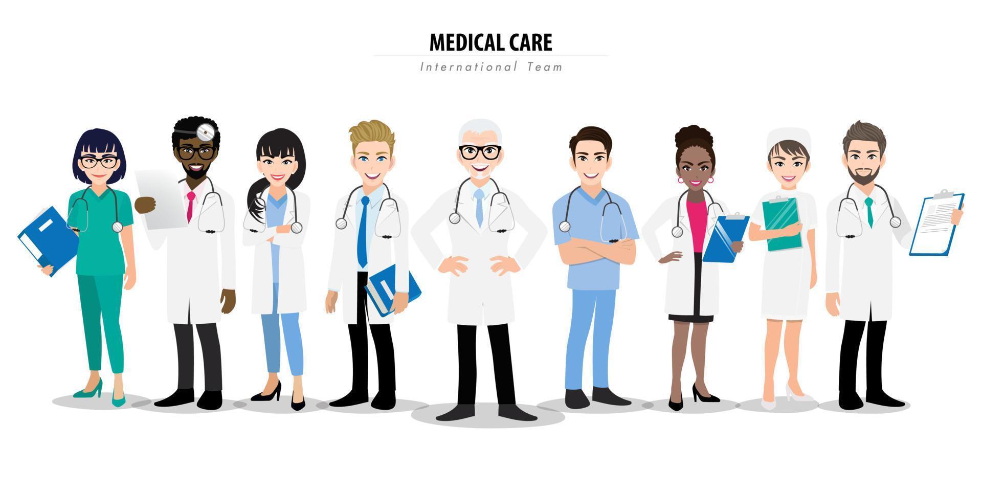 Group of doctors and a nurse team standing together in different poses. Team of medical workers on a white background. Hospital staff. Cartoon character design vector