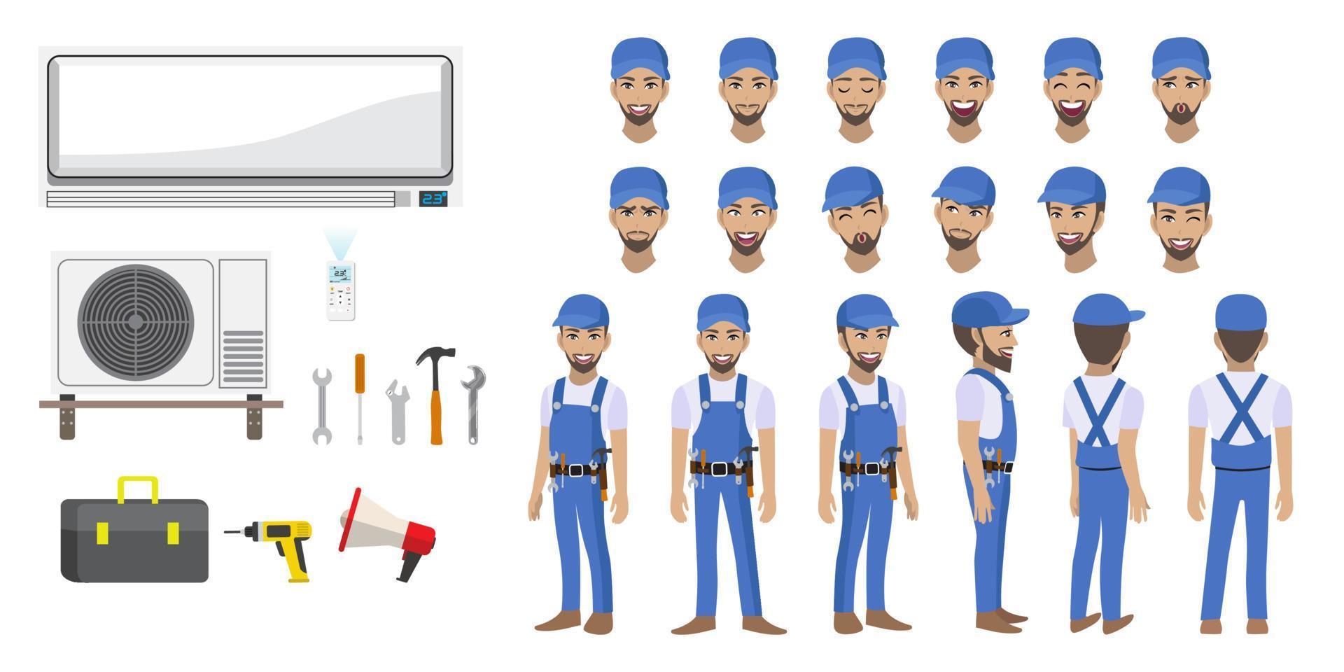 técnico que repara el juego de cabezales y la animación del personaje de dibujos animados del acondicionador de aire dividido. personaje animado de vista frontal, lateral, posterior, 3-4. ilustración vectorial plana vector