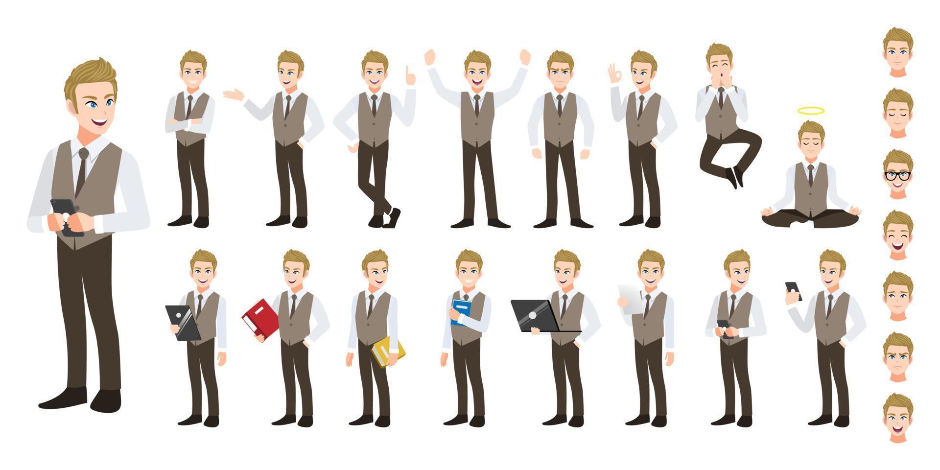 Businessman cartoon character set. Handsome business man in office style smart shirt . Vector illustration