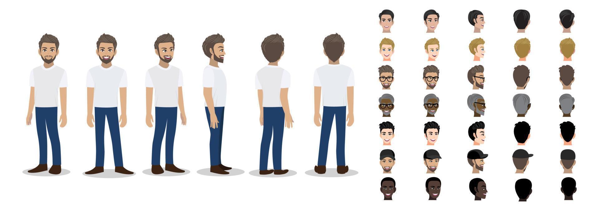 Cartoon character with a man in T-shirt white casual for animation. Front, side, back, 3-4 view character. Set of male head and flat vector illustration.