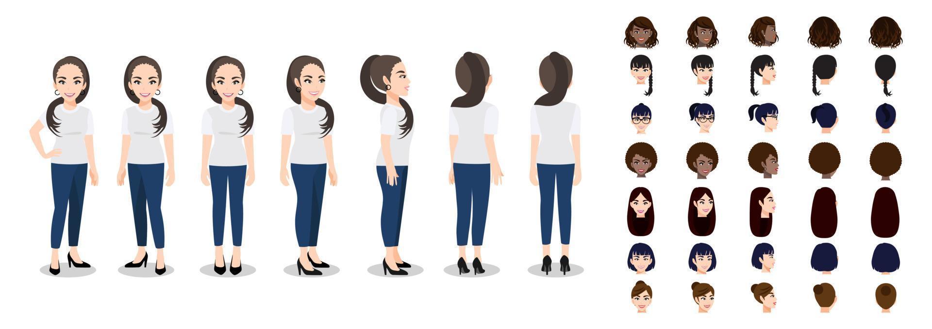 personaje de dibujos animados con una mujer en camiseta blanca casual para animación. carácter de vista frontal, lateral, posterior, 3-4. conjunto de cabeza femenina e ilustración vectorial plana. vector