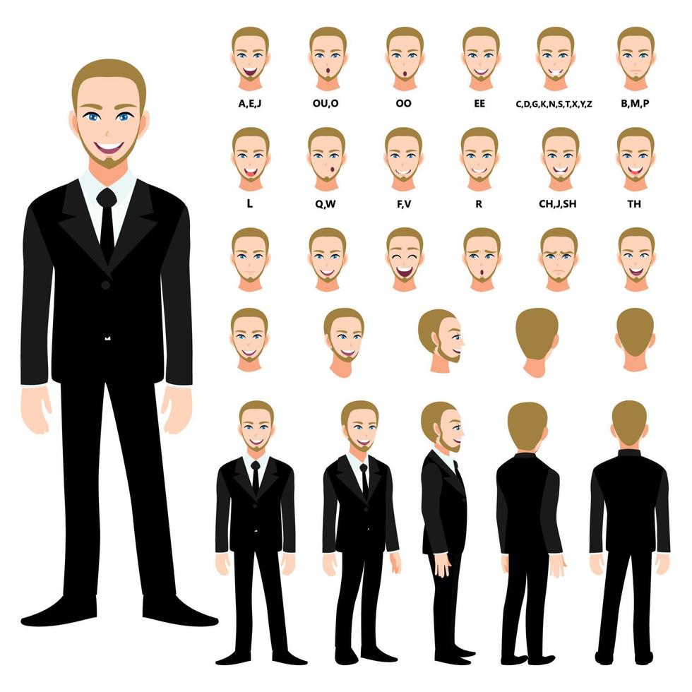 Cartoon character with business man in suit for animation. Front, side, back, 3-4 view character. Separate parts of body. Flat vector illustration.