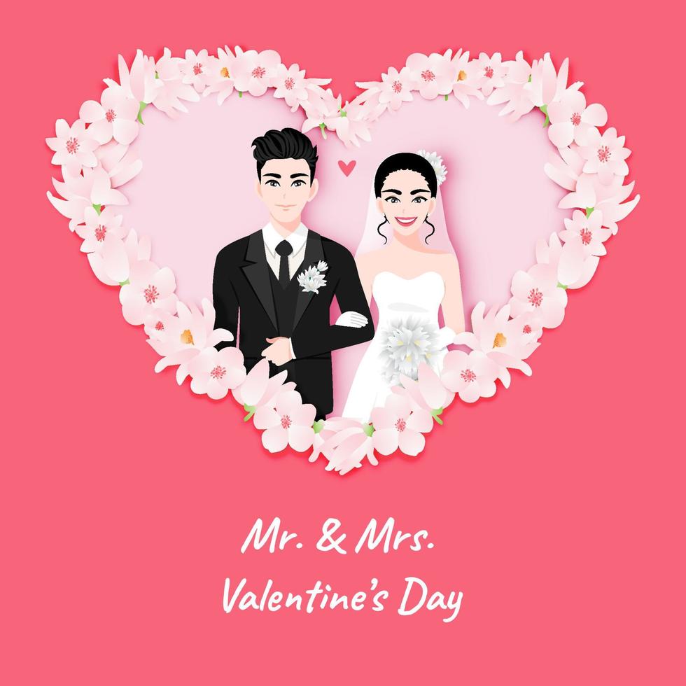 pareja de amor el día de la boda en un fondo de flores rosas. personaje de dibujos animados del día de san valentín o vector de diseño de tarjeta de boda de invitación