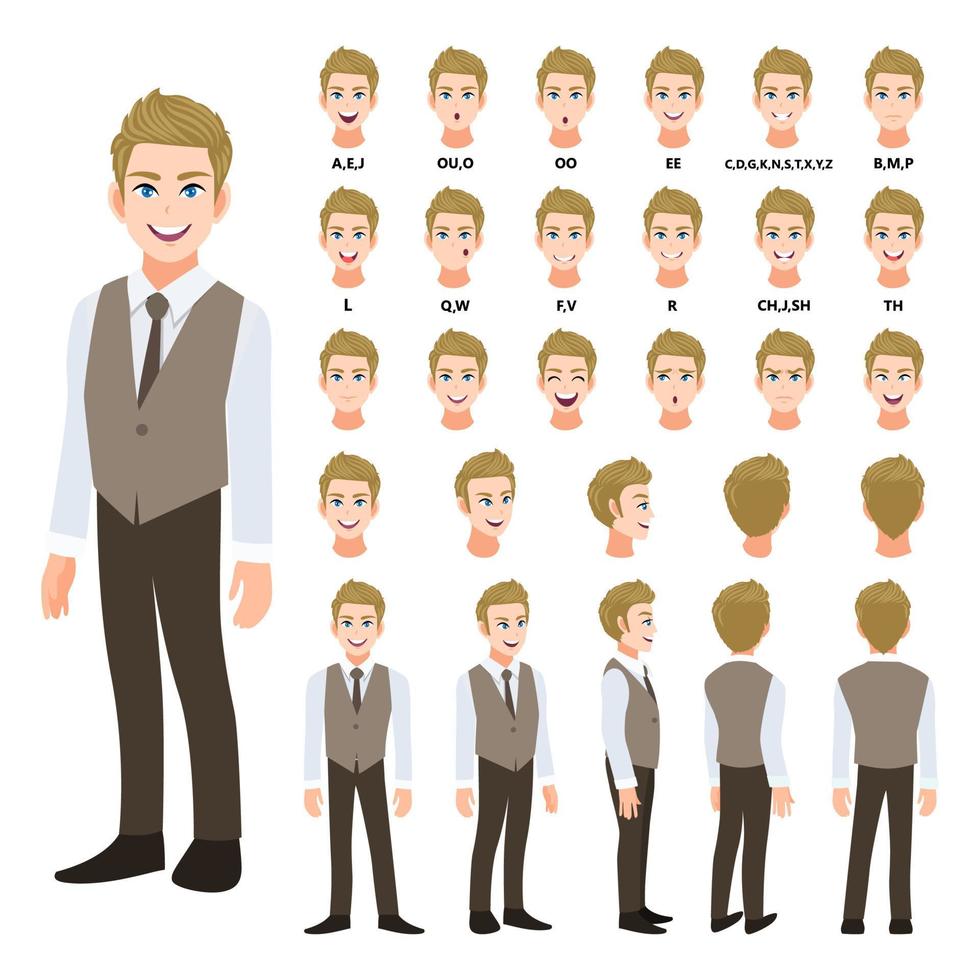 Cartoon character with business man in smart shirt and waistcoat for animation. Front, side, back, 3-4 view character. Separate parts of body. Flat vector illustration.