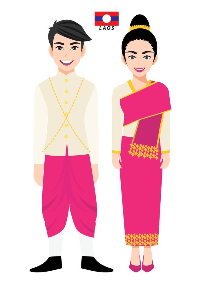 par de personajes de dibujos animados en vector de traje tradicional de laos