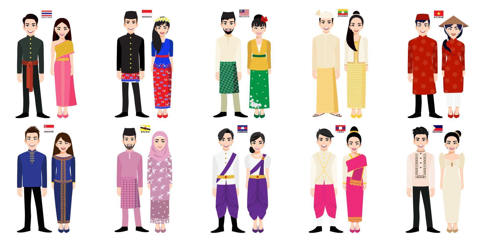 conjunto de 20 personajes de dibujos animados de hombres y mujeres asiáticos en traje tradicional con vector de bandera