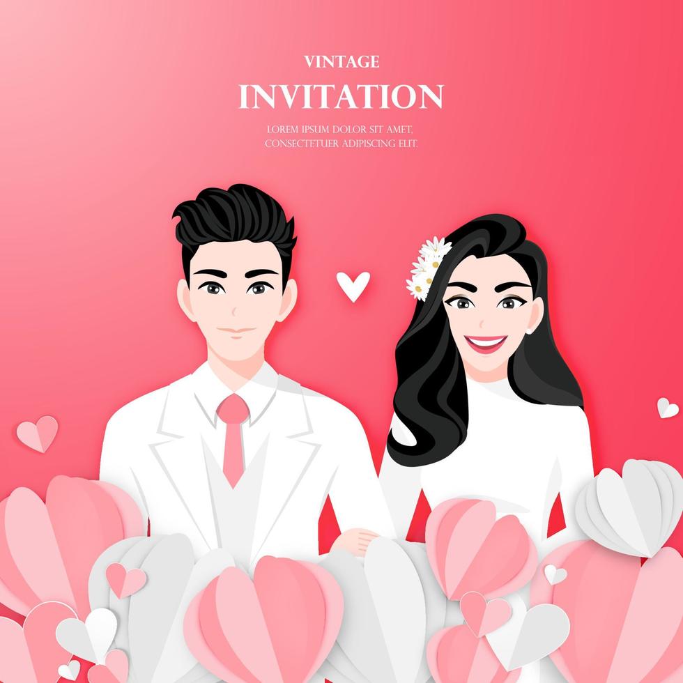 Love couple on wedding day in paper heart shape background. Valentine's Day cartoon character design vector