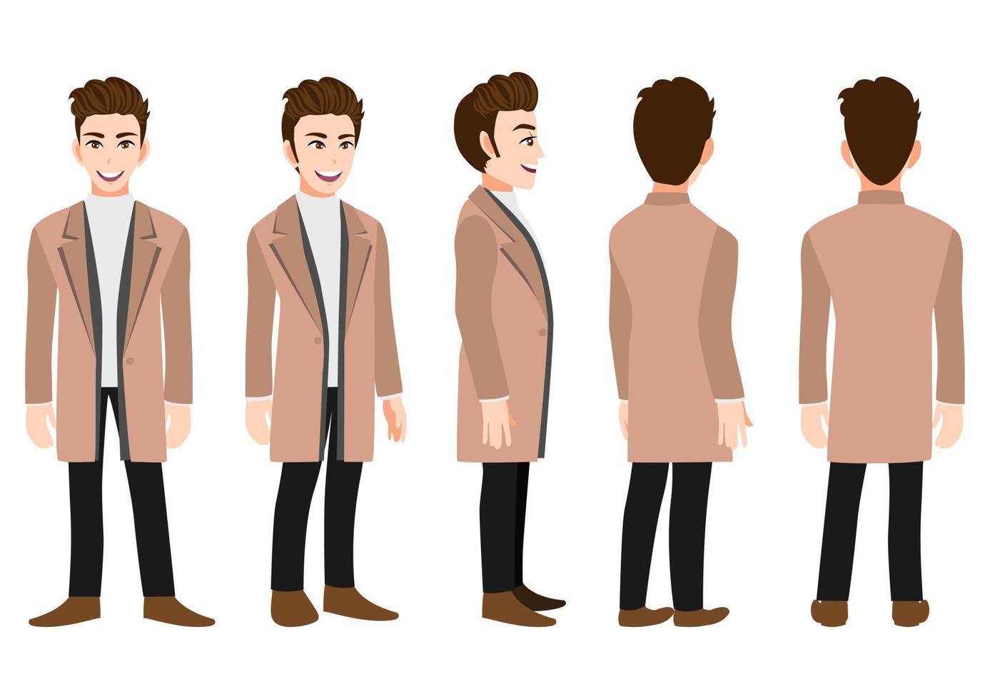 Cartoon character with business man in a long coat for animation. Front, side, back, 3-4 view animated character. Flat vector illustration.