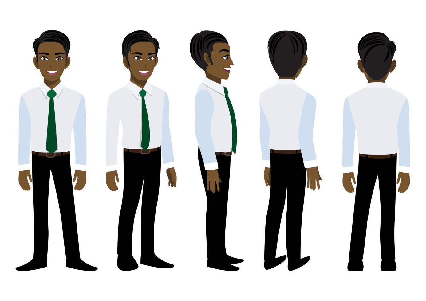 Cartoon character with American African business man in a smart shirt for animation. Front, side, back, 3-4 view animated character. Flat vector illustration.