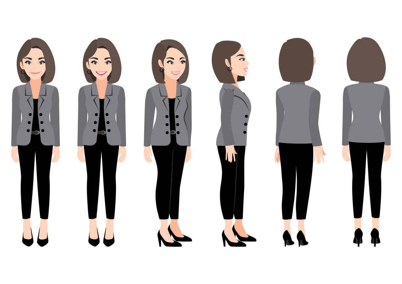 personaje de dibujos animados con mujer de negocios en traje de animación. Carácter de vista frontal, lateral, posterior, 3-4. ilustración vectorial plana. vector