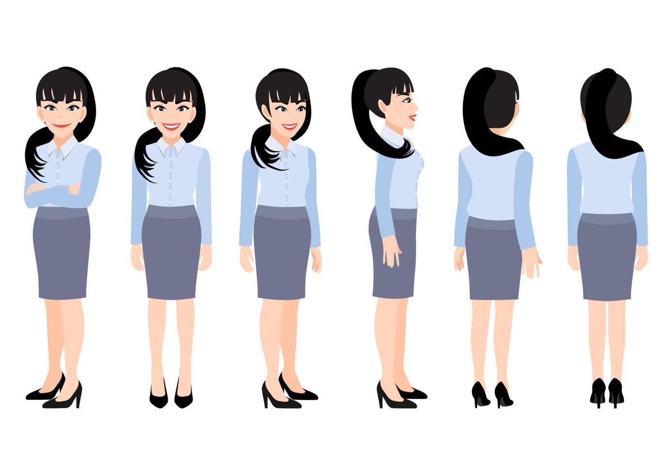 Cartoon character with business woman in smart shirt for animation. Front, side, back, 3-4 view character. Flat vector illustration.