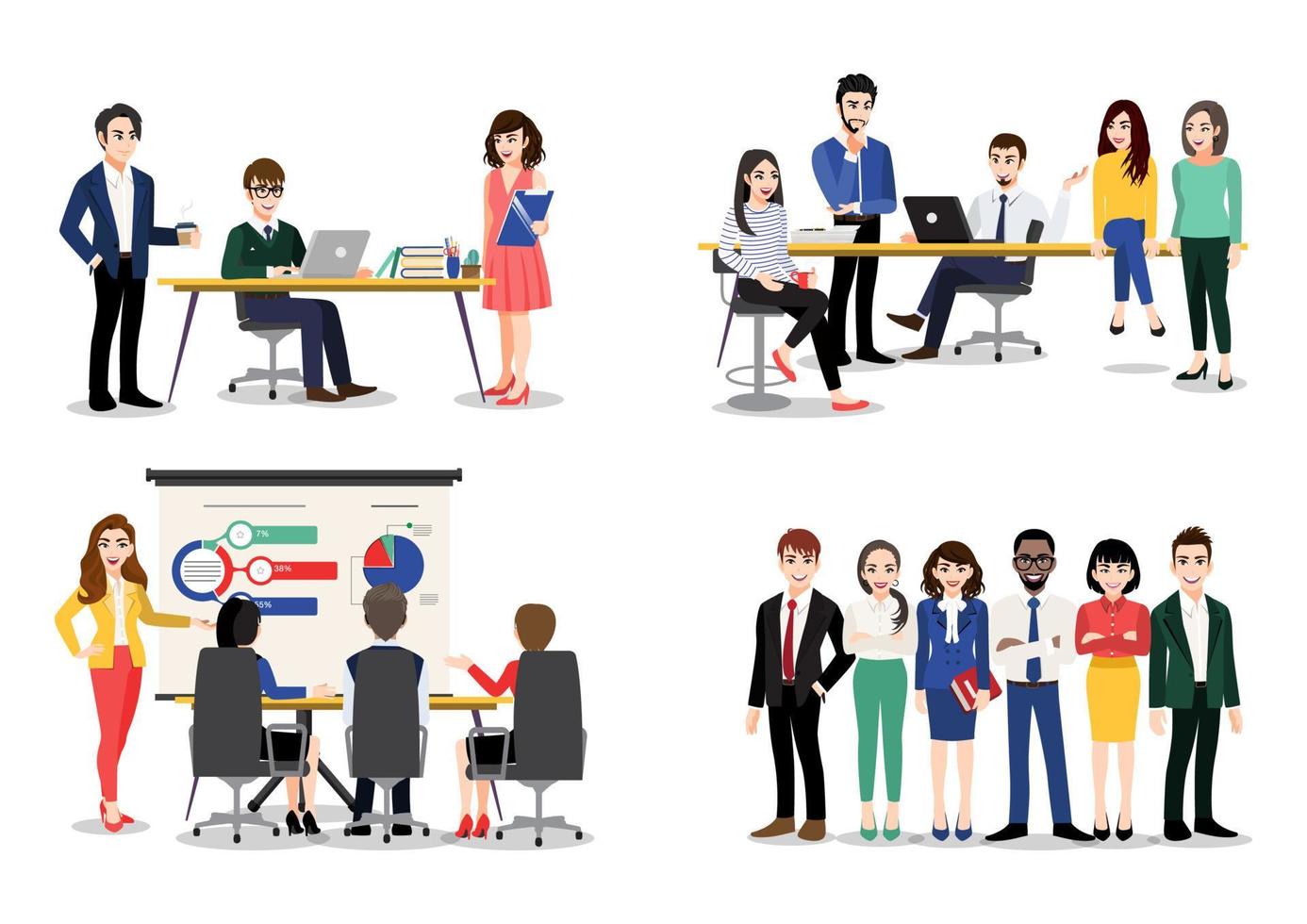 Office worker set. Bundle of men and women taking part in business meeting, negotiation, brainstorming, talking to each other. Colorful vector illustration in flat cartoon style
