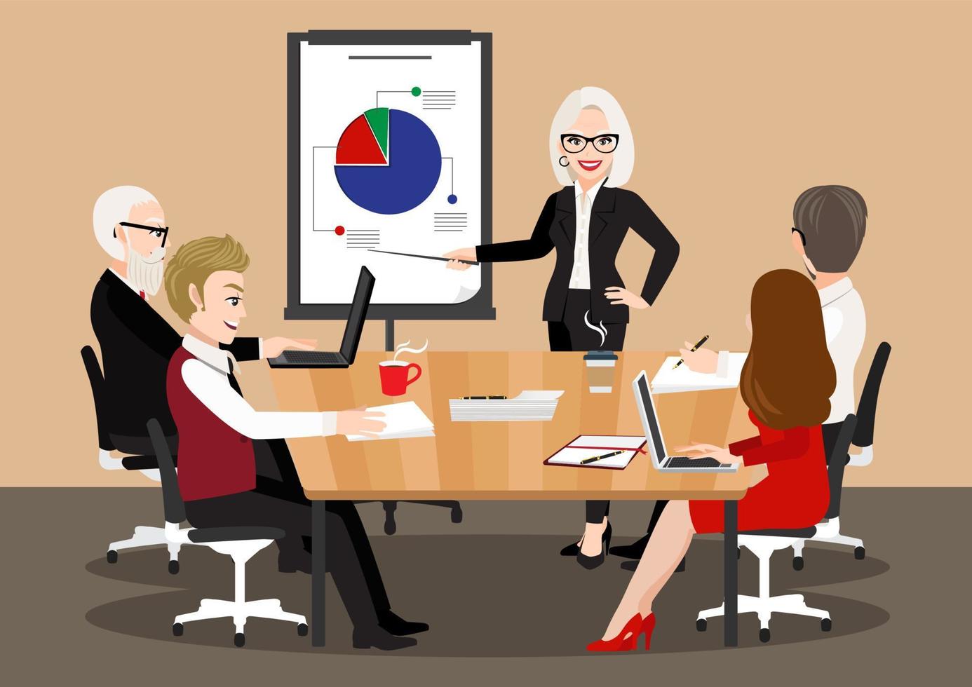 Cartoon character with business meeting. Flat people on presentation conference. Businesswoman at project strategy infographic. Team seminar vector concept vector