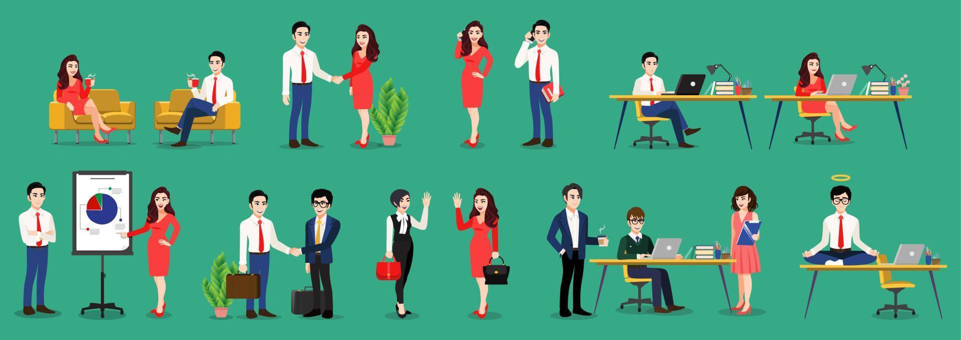 personaje de dibujos animados con poses de hombre de negocios y mujer de negocios. gente de negocios trabajando, sentada en el destino y usando laptop en fondo verde, vector de icono plano