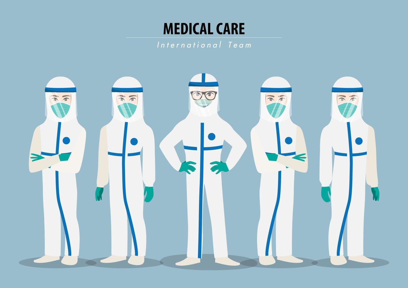 Cartoon character with professional doctors wearing protective suite and standing together to fight coronavirus flat icon design vector