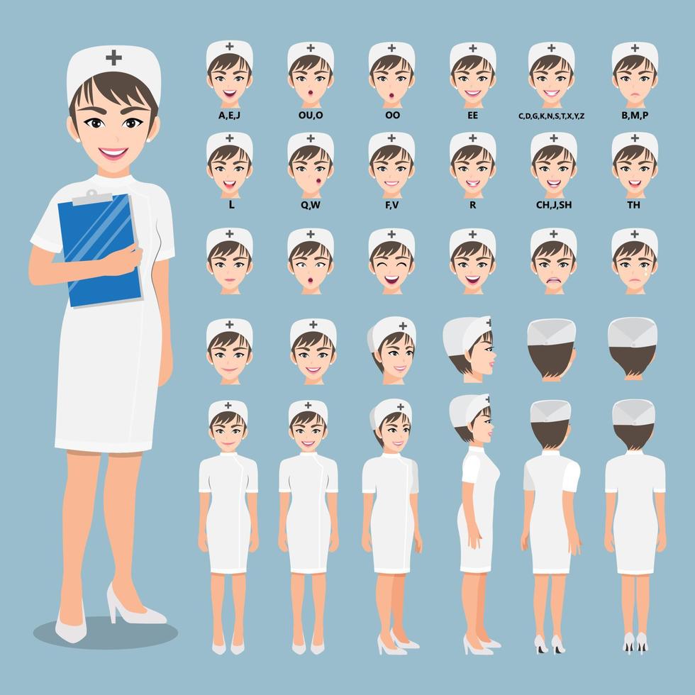 Cartoon character with professional nurse in smart uniform for animation. Front, side, back, 3-4 view character. Separate parts of body. Flat vector illustration.
