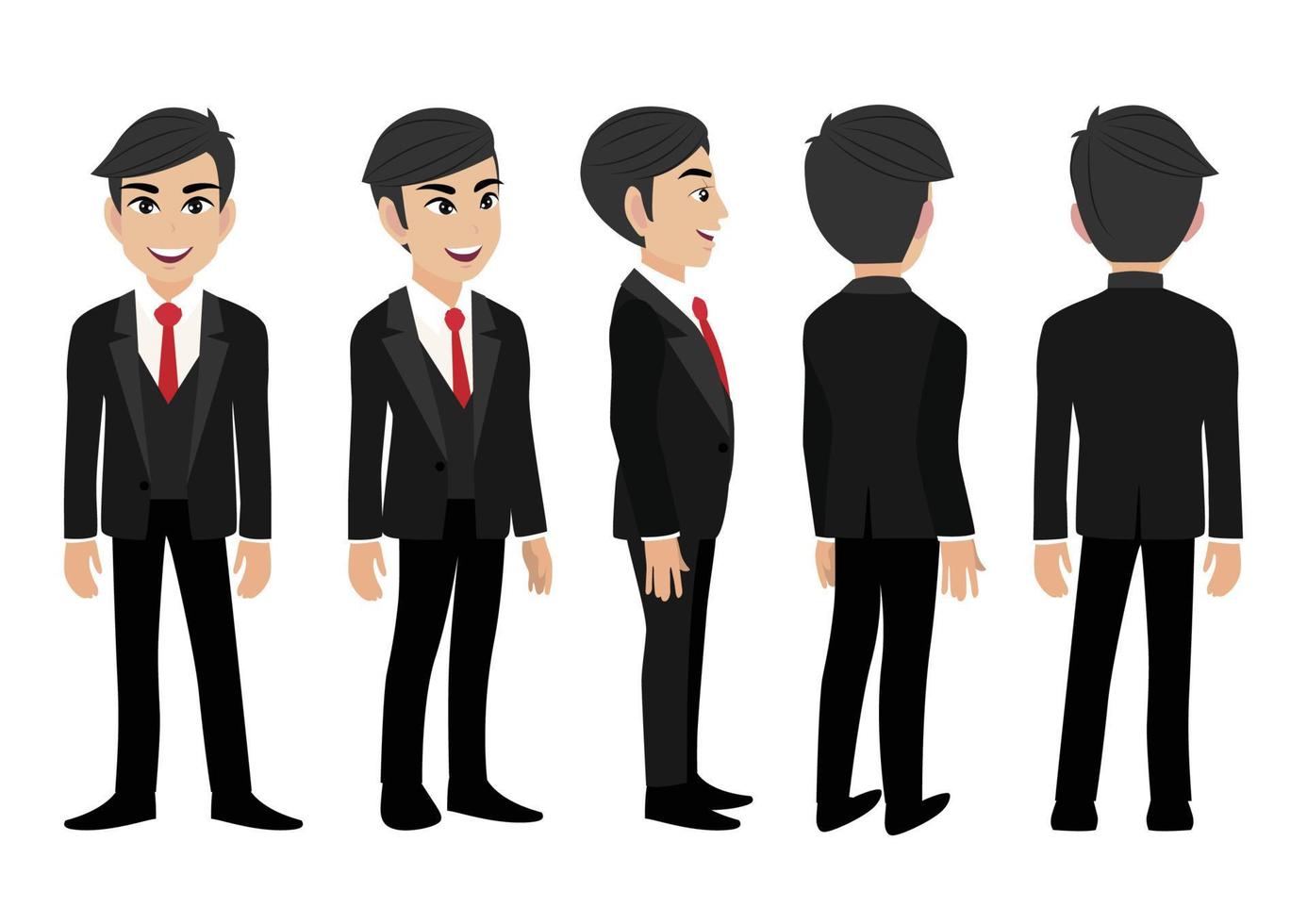 personaje de dibujos animados con hombre de negocios. Carácter animado de vista frontal, lateral, posterior, 3-4. ilustración vectorial plana. vector