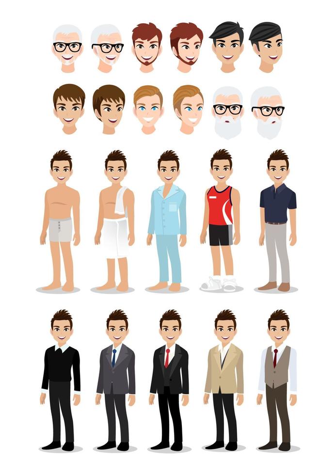 conjunto de personajes de dibujos animados de empresario. apuesto hombre de negocios en su estilo de vida. ilustración vectorial vector