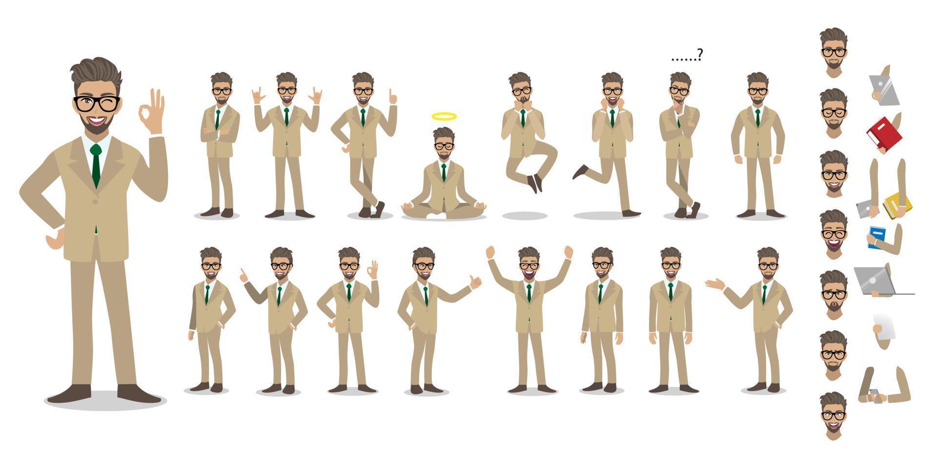 Businessman cartoon character set. Handsome business man in office style smart suit . Vector illustration 198