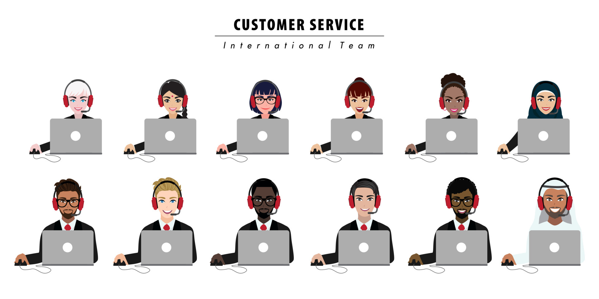 Group of call center, customer support, helpdesk or service concept.  Different nationalities people. Cartoon character or flat design vector  5273374 Vector Art at Vecteezy