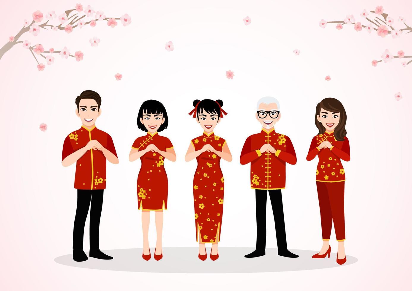 Chinese people cartoon character greeting in Chinese new year festival on plum blossom trees with spring season background vector