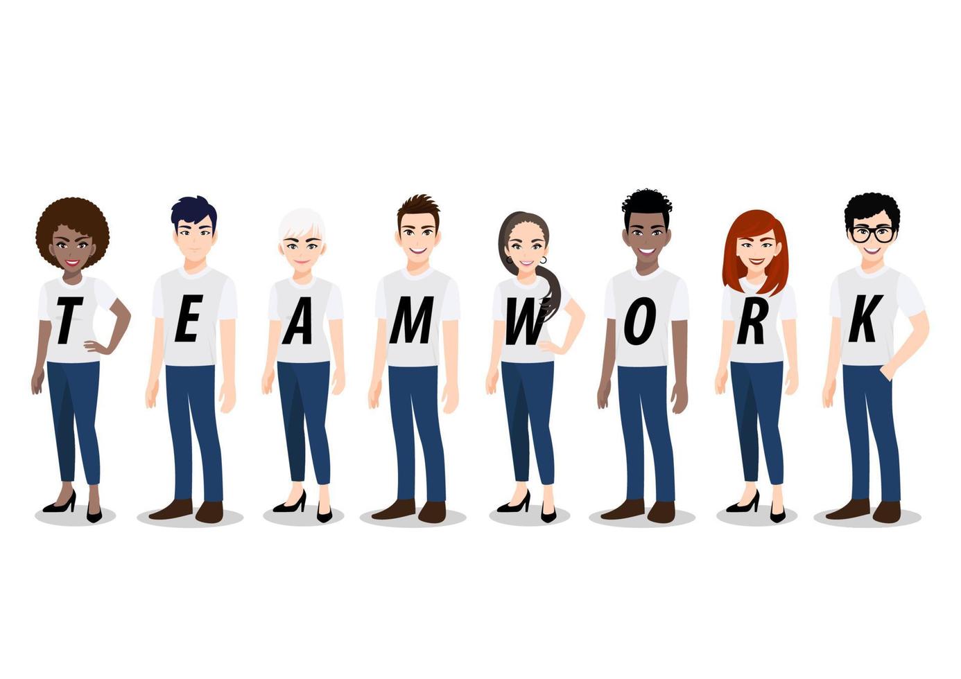 Cartoon character with Teamwork concept. Young men and women standing together in white T-shirt and blue jean casual ,flat icon design vector