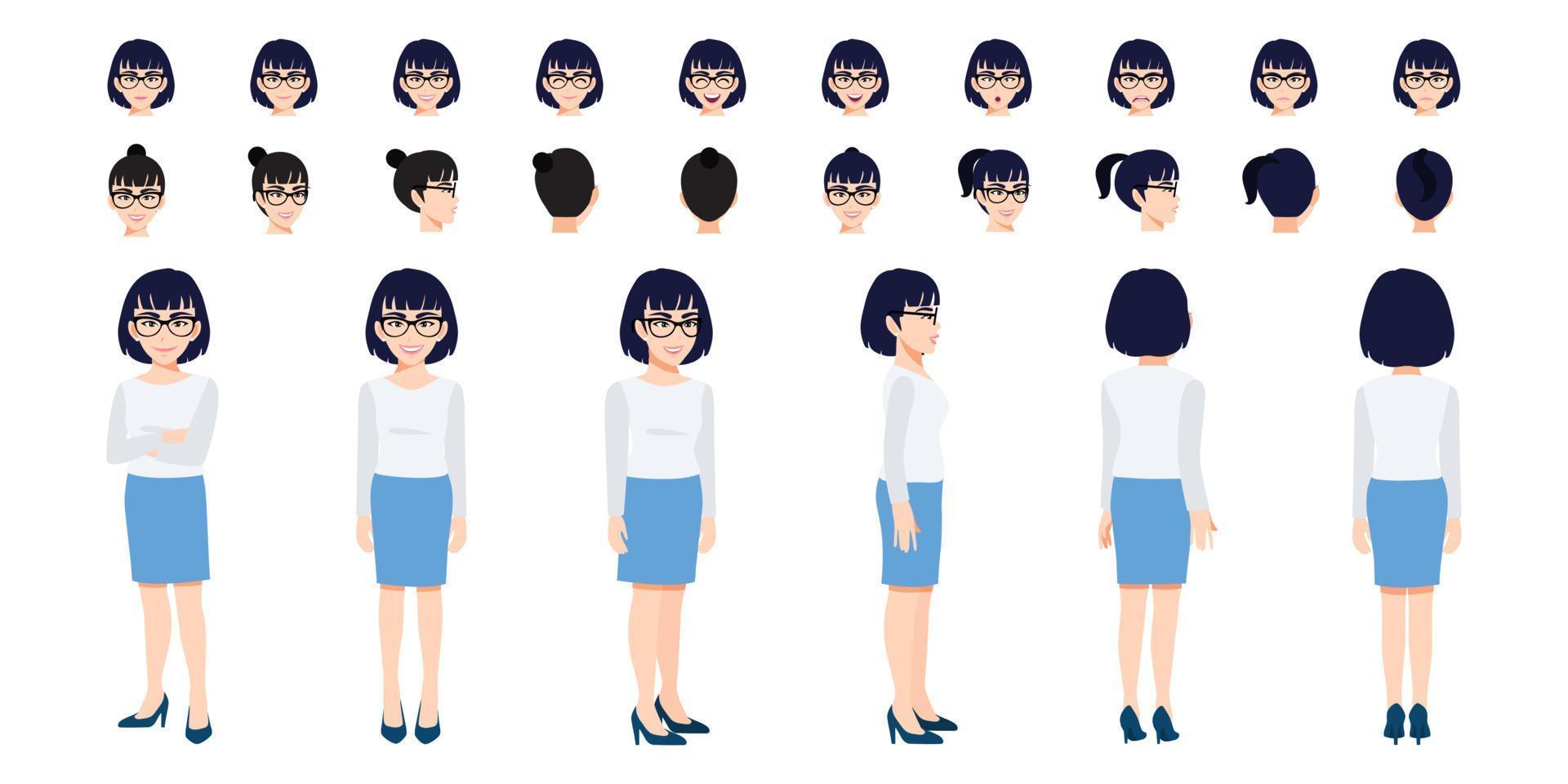 Chinese Businesswoman cartoon character head set and animation design. Front, side, back, 3-4 view animated character. Flat vector illustration.