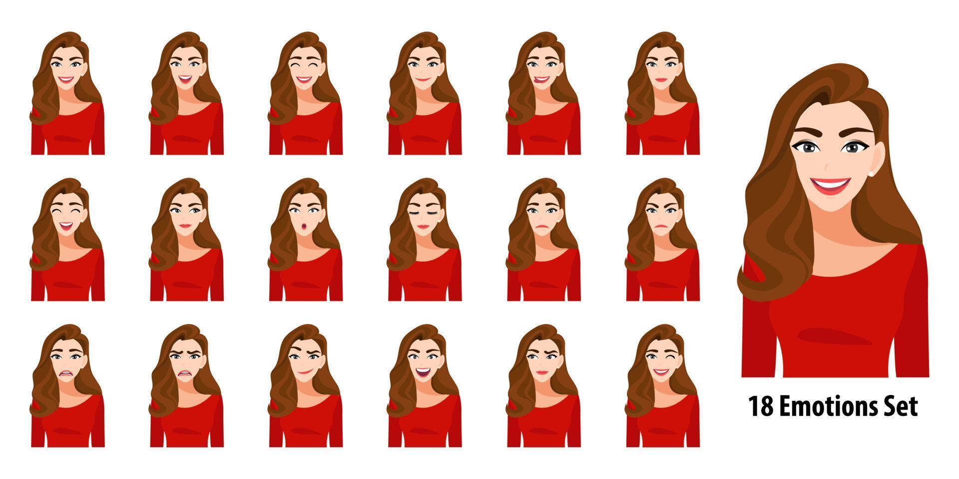 hermosa dama de cabello largo en camisa roja con diferentes expresiones faciales aisladas en ilustración de vector de estilo de personaje de dibujos animados