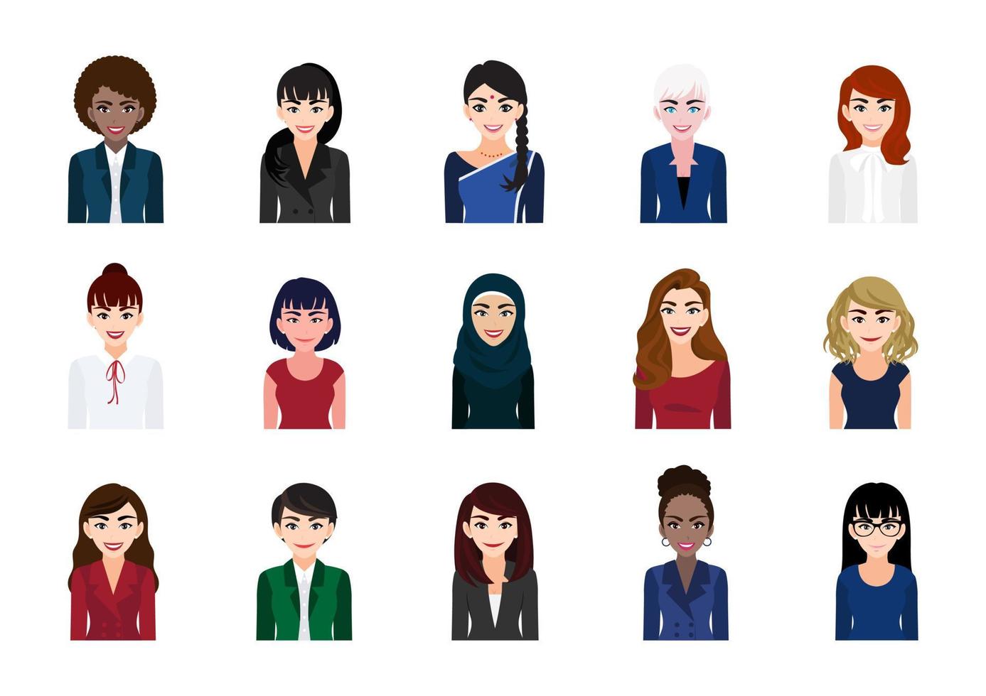Businesswoman cartoon character portrait collection set. Beautiful business woman in office style on white background. Flat vector illustration