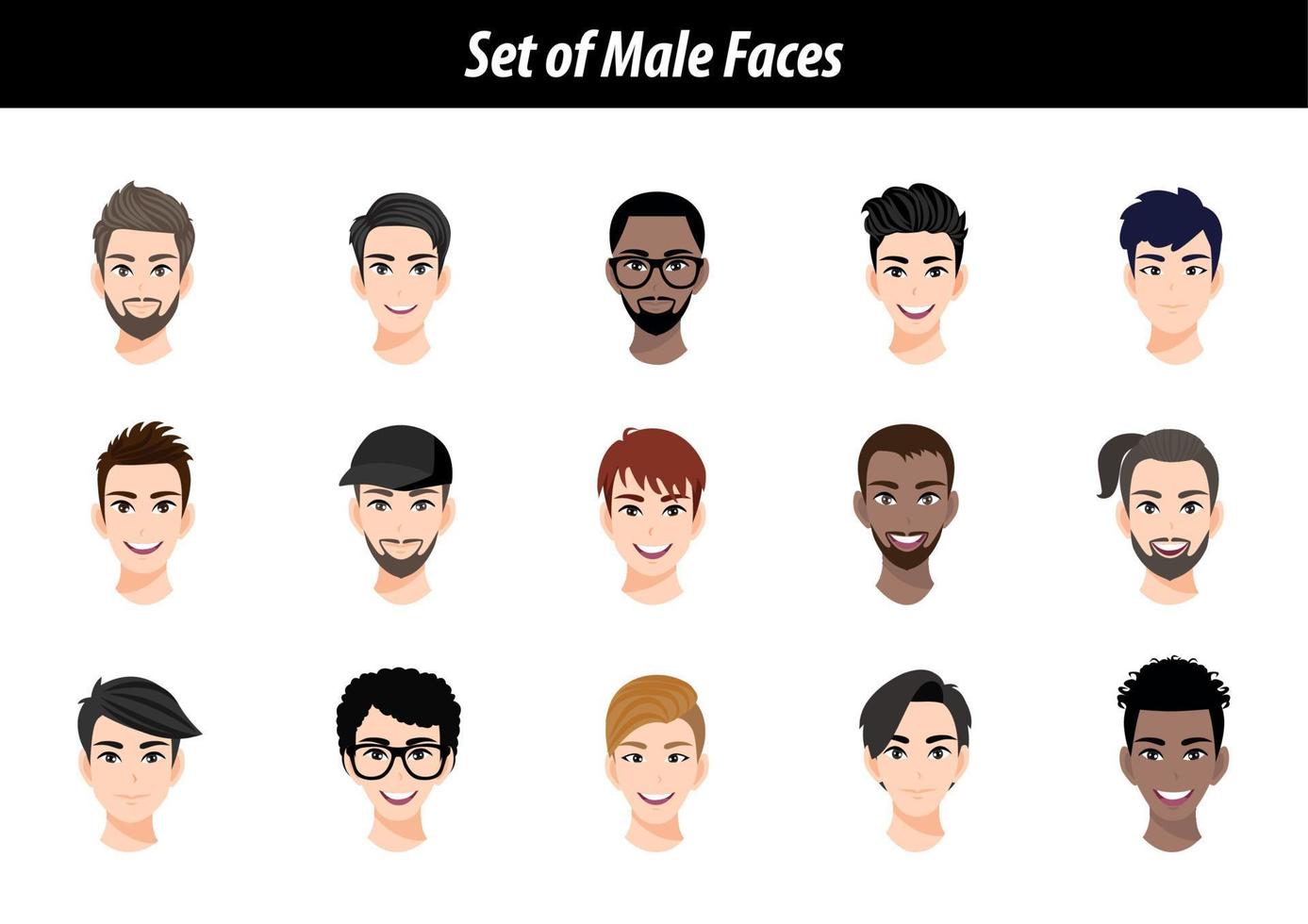 Set of male face avatar portraits isolated on white background. International men people heads flat vector illustration.