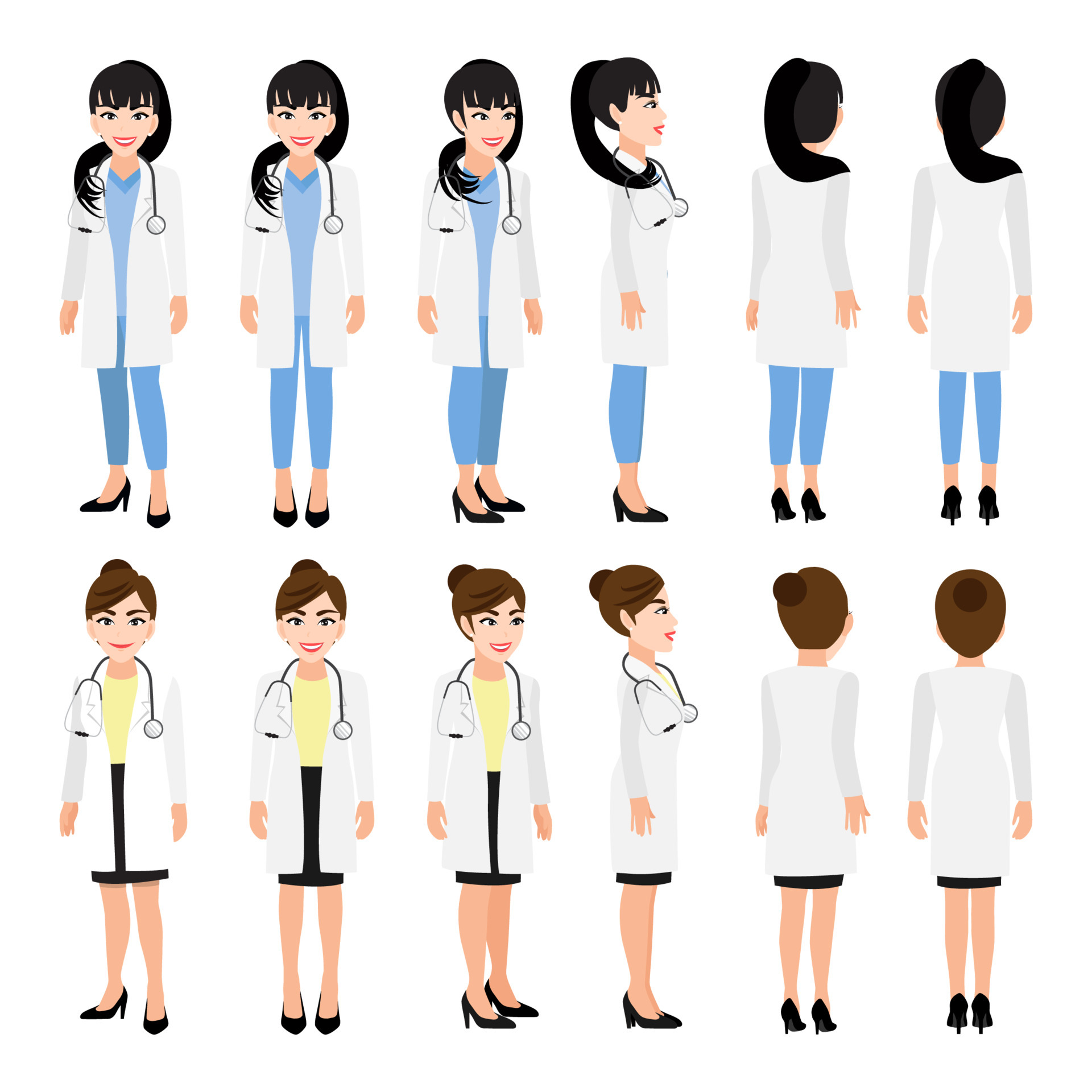 Female doctor cartoon character. Front, side, back, 3-4 view animated  character. Flat vector illustration. 5273389 Vector Art at Vecteezy