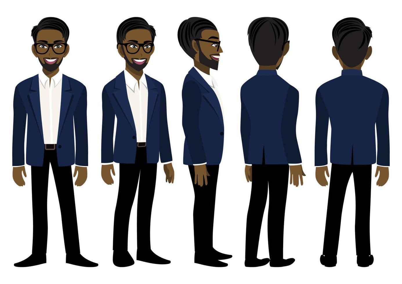 Cartoon character with American African business man in a blue suit for animation. Front, side, back, 3-4 view animated character. Flat vector illustration.