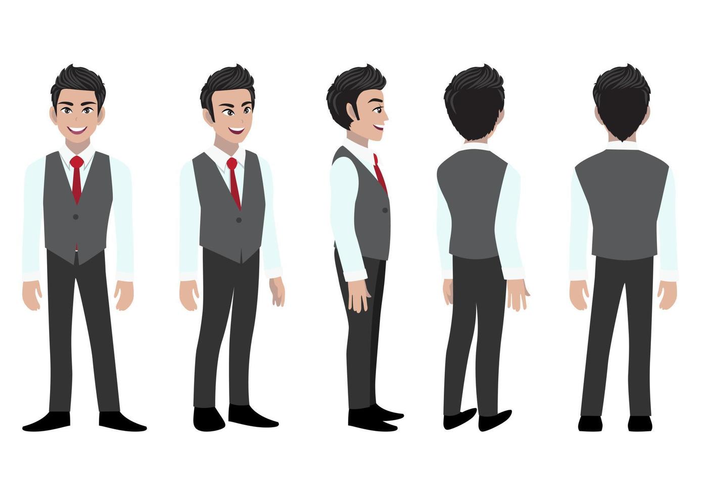 personaje de dibujos animados de hombre de negocios con una camisa inteligente y chaleco para animación. carácter de vista frontal, lateral, posterior, 3-4. vector de diseño de icono plano 321