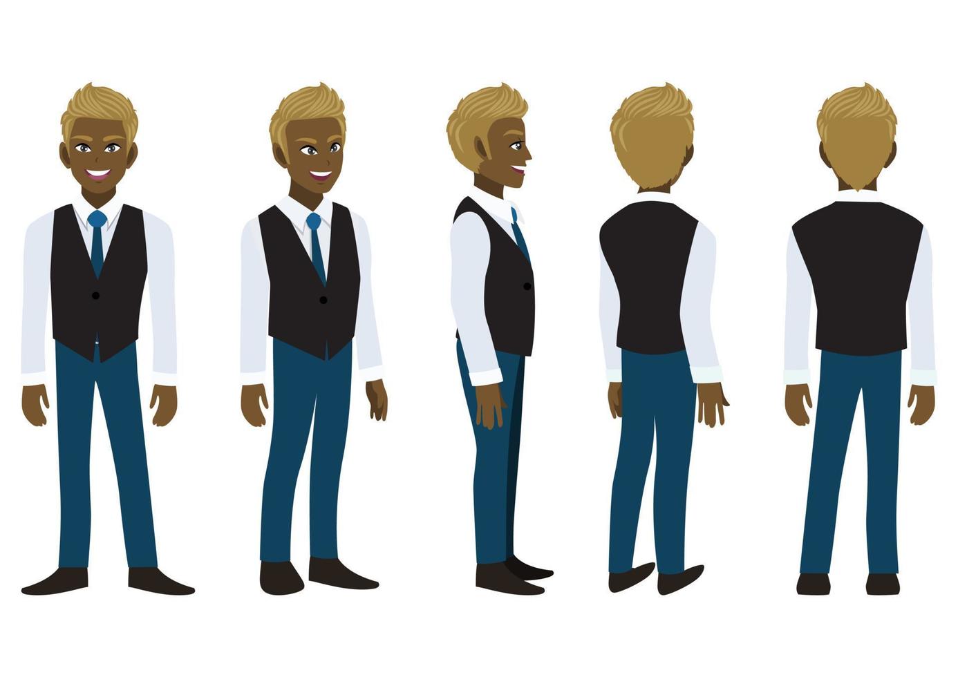 Cartoon character with American African business man in a smart shirt and waistcoat for animation. Front, side, back, 3-4 view animated character. Flat vector illustration.