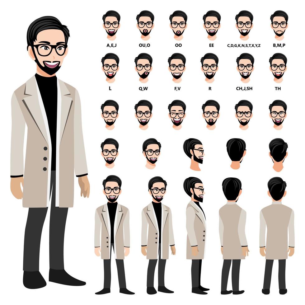 Cartoon character with business man in a long coat for animation. Front, side, back, 3-4 view character. Separate parts of body. Flat vector illustration.