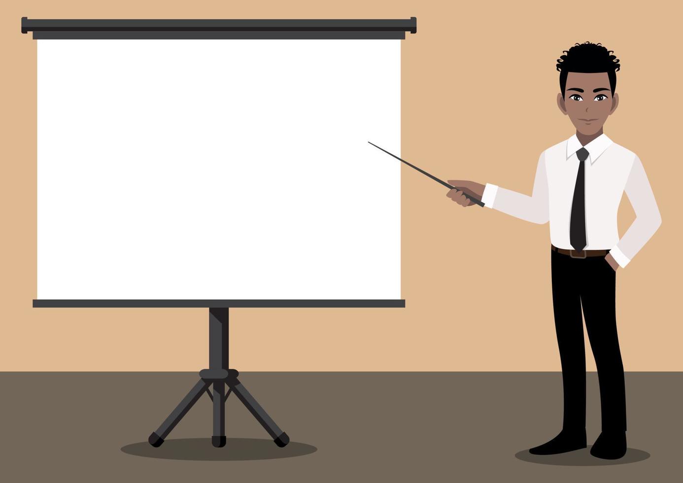 Cartoon character with businessman at a presentation. Flat icon vector