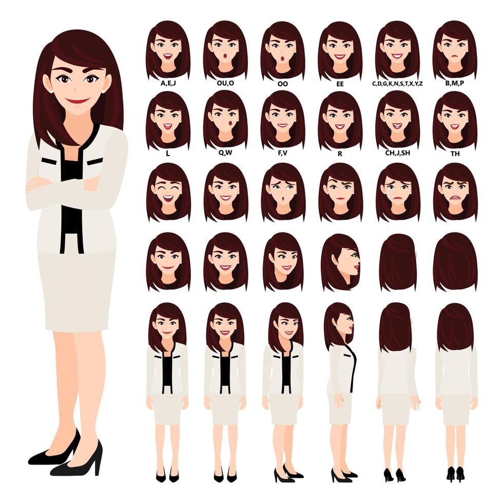 Cartoon character with business woman in suit for animation. Front, side, back, 3-4 view character. Separate parts of body. Flat vector illustration.