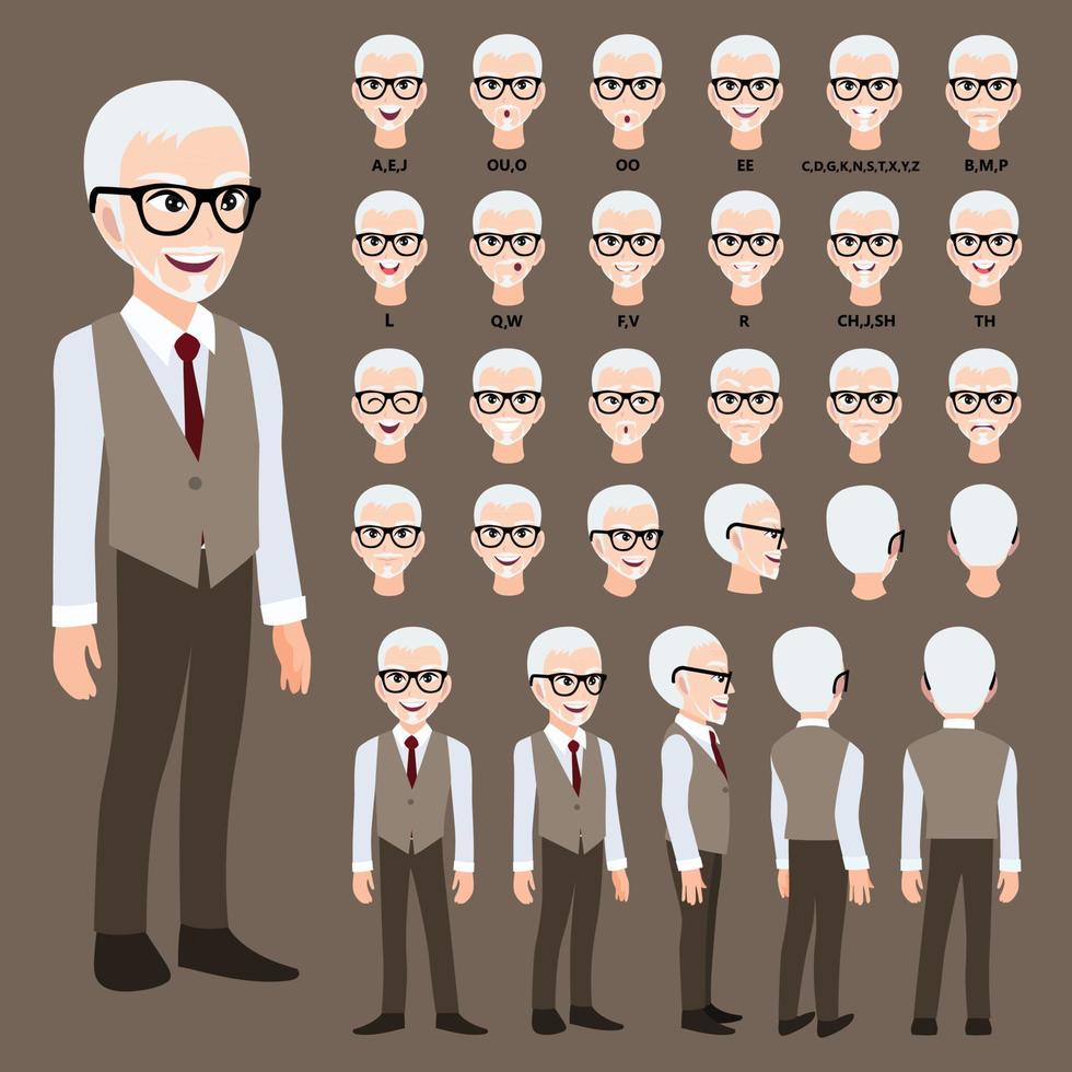 personaje de dibujos animados con hombre de negocios en traje de animación. Carácter de vista frontal, lateral, posterior, 3-4. partes separadas del cuerpo. ilustración vectorial plana. vector