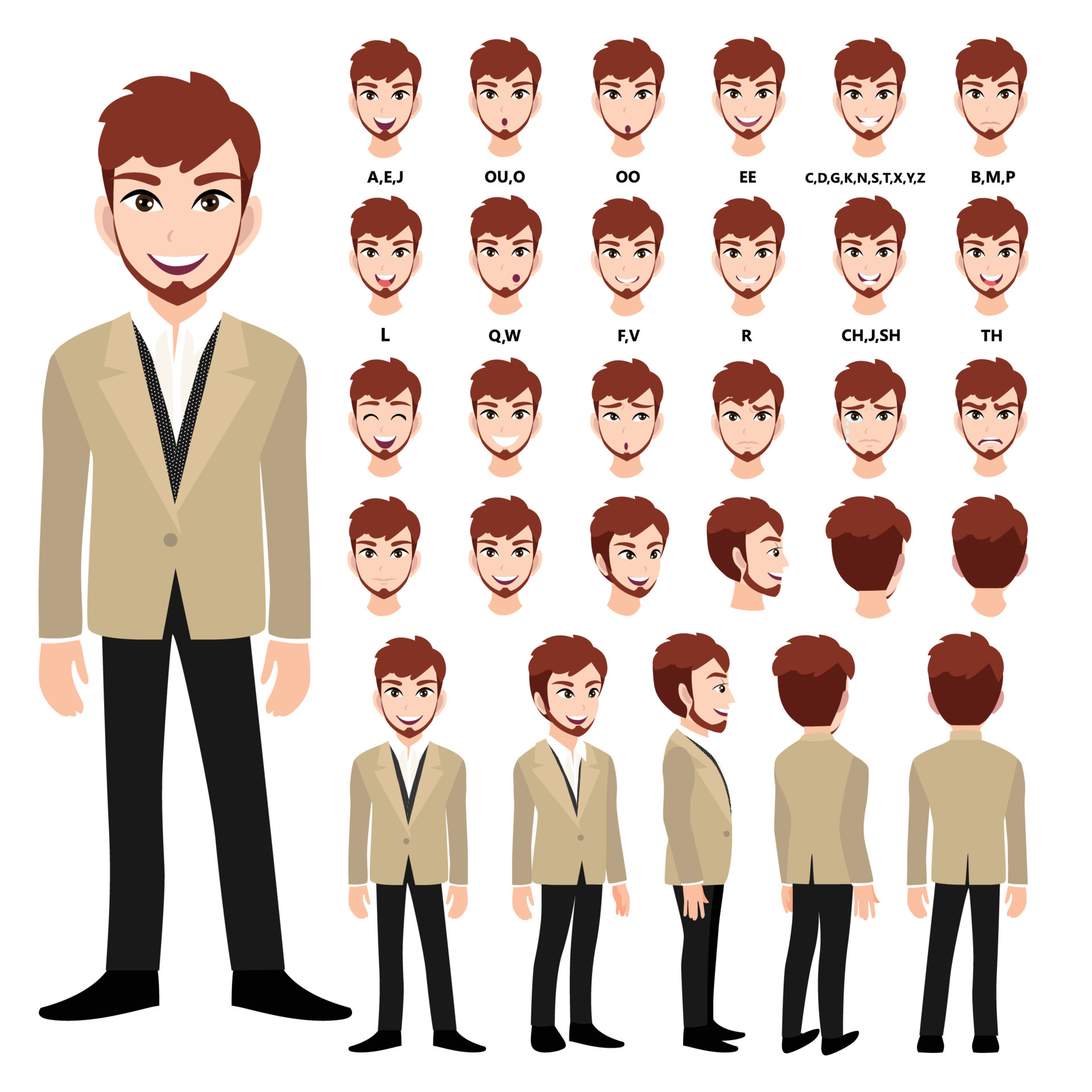Cartoon character with business man in suit for animation. Front, side,  back, 3-4 view character. Separate parts of body. Flat vector illustration.  5273411 Vector Art at Vecteezy