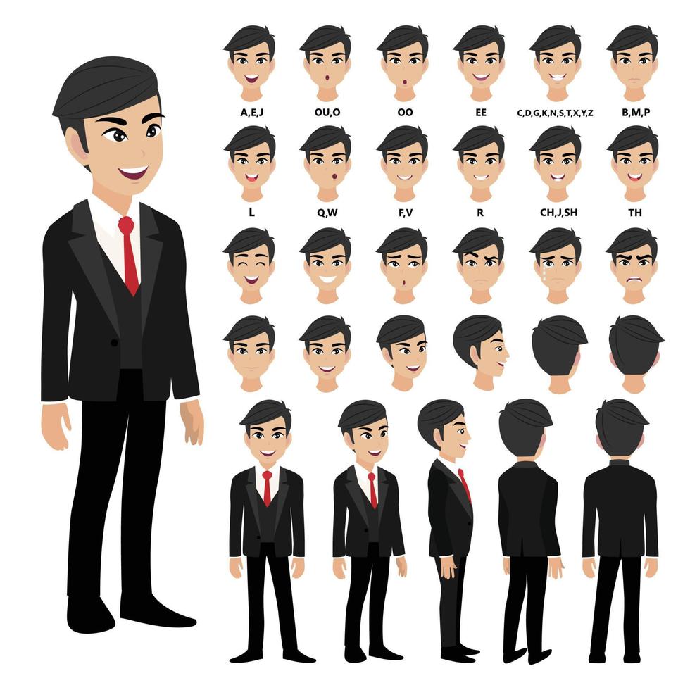 Cartoon character with business man in suit for animation. Front, side, back, 3-4 view character. Separate parts of body. Flat vector illustration.