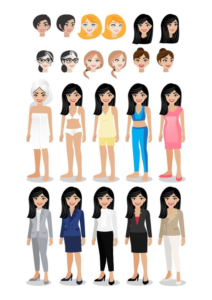 Businesswoman cartoon character set. Beautiful business woman in her life style clothes for activity. Vector illustration