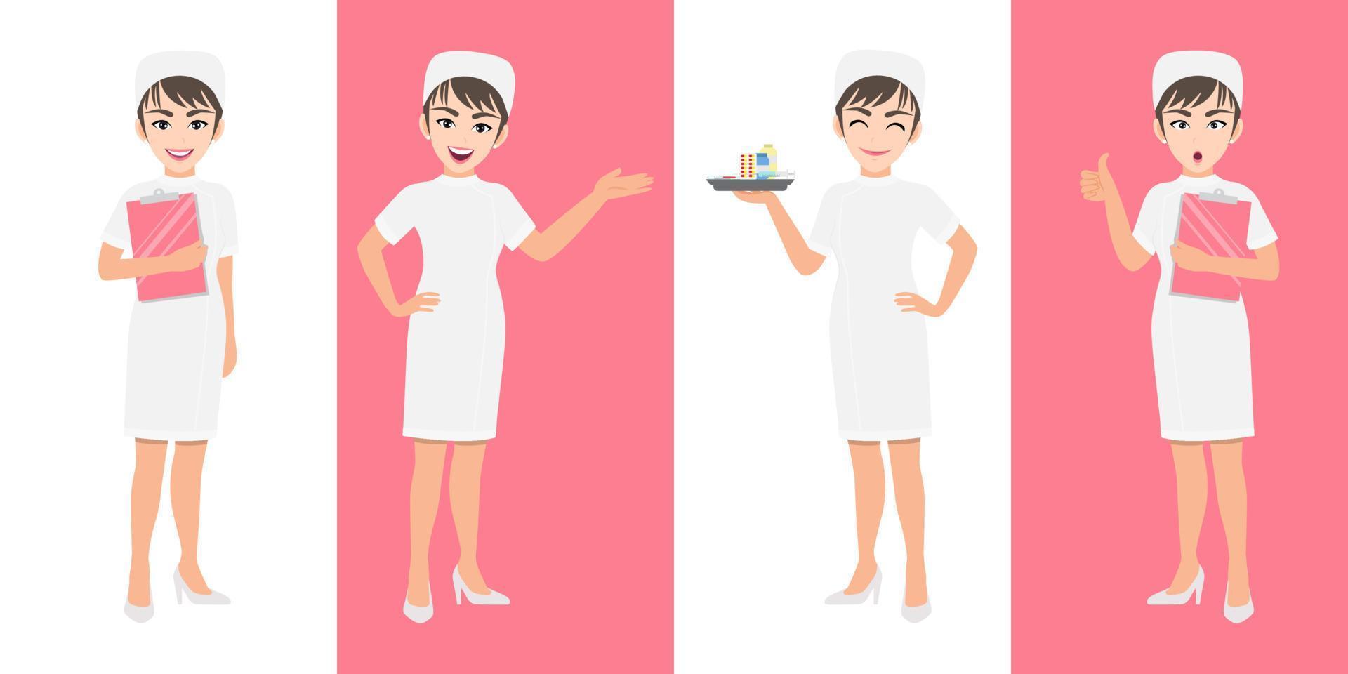 conjunto de personajes de dibujos animados de enfermera, enfermera linda en diferentes poses, trabajador médico o personal del hospital. icono plano de dibujos animados de enfermera en un vector de fondo blanco y rosa