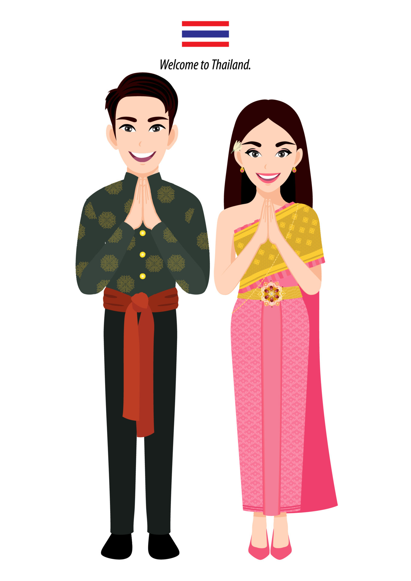 Thailand male and female in traditional costume or Thai people greeting
