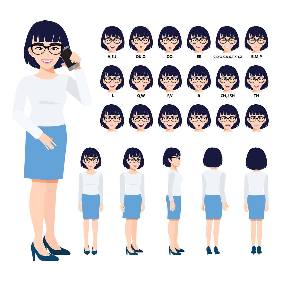 Cartoon character with Chinese business woman in casual wear for animation. Front, side, back, 3-4 view character. Separate parts of body. Flat vector illustration