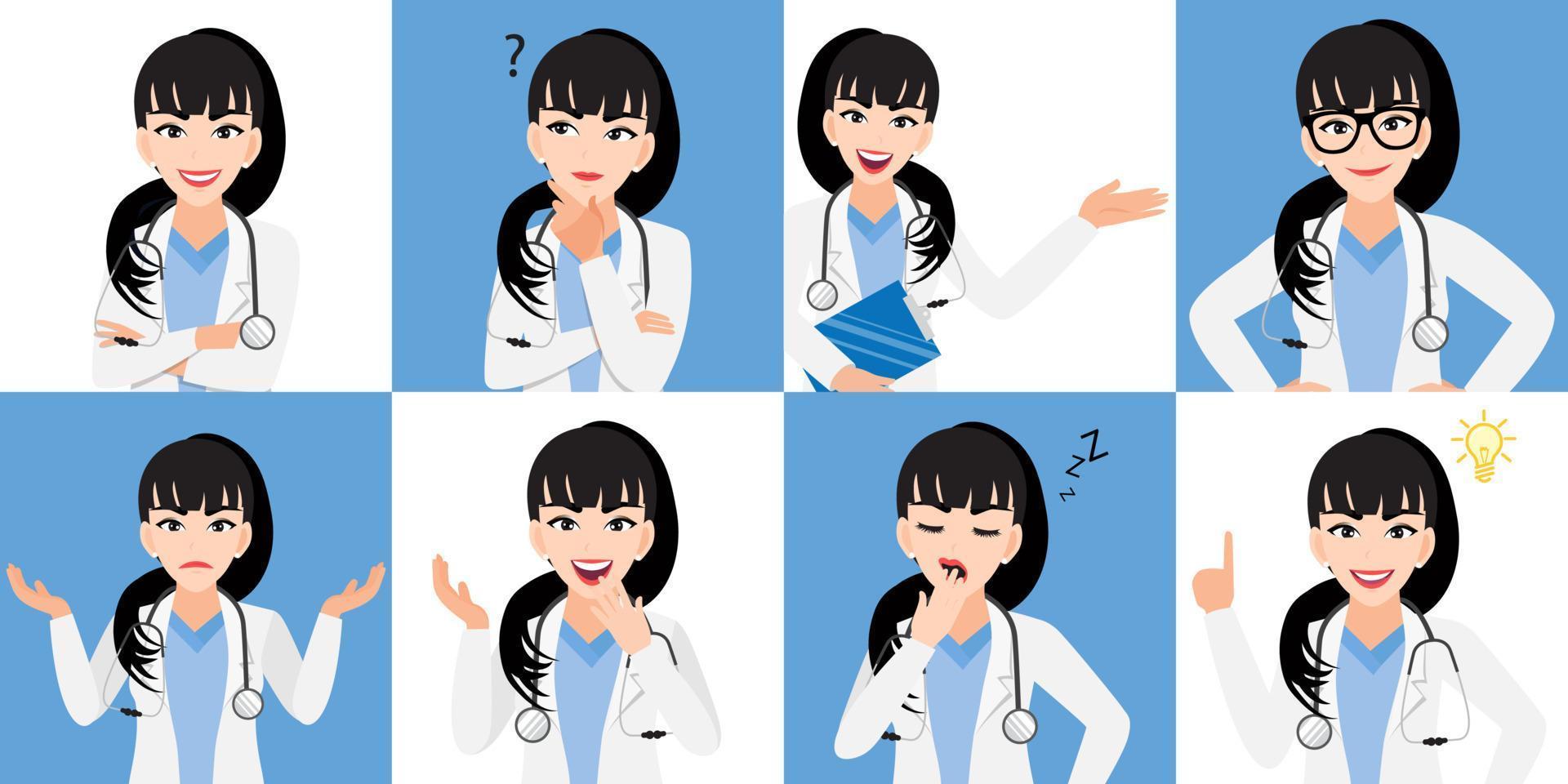 conjunto de personajes de dibujos animados de doctora, doctora en diferentes poses, trabajadora médica o personal del hospital. diseño de icono plano de dibujos animados de doctor en un vector de fondo blanco y azul