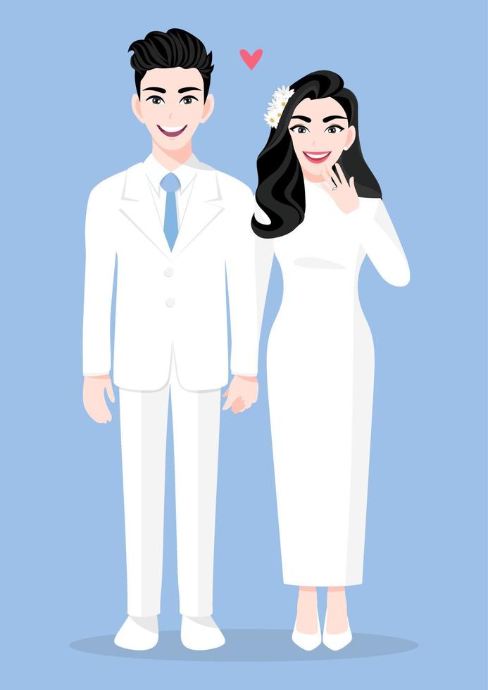 Love couple on wedding day in a blue background. Valentine's Day cartoon character and abstract design vector